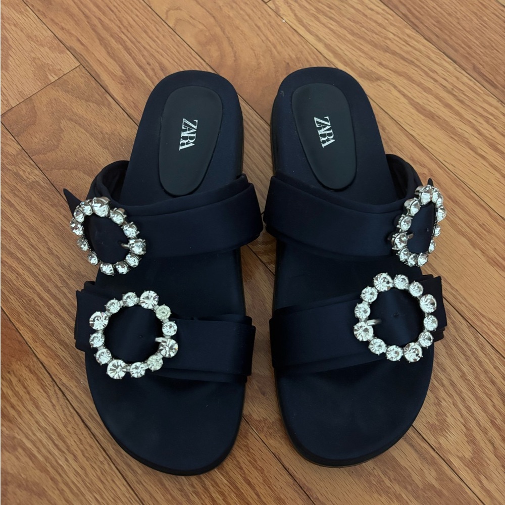 Zara Navy Satin Sandals - Like New